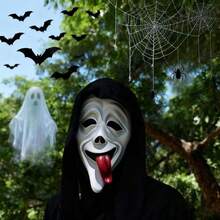 Máscara de Látex de Cabeça Completa com Rosto de Fantasma Aterrorizante com Língua para Fora, Acessório de Cabeça com Lenço Preto de Fantasma, Adereços de Cosplay de Halloween, Acessório de Cabeça para Fantasia de Casa Assombrada e Festa à Fantasia - Visão 5