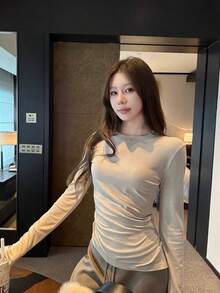 Casual Versatile Asymmetrical Hem Knit Inner Layer T-Shirt Top For Women, Autumn/Winter - Khaki - View 1