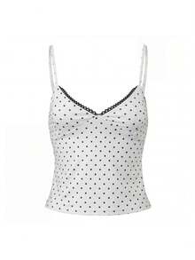 Women Polyester Polka Dot Spaghetti Strap Tank Tops Y2K Fairycore Lace Trim Corset Camisole V Neck Slim Cami Tops Cute Crop Tops Summer Going Out Top - 白色 - 查看 9