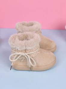 1 Pair Girls' Lace Bow Snow Boots, Thermal Lined, Thick Fur Trim, Soft Sole, Anti-Slip, Autumn/Winter - Beige - View 4
