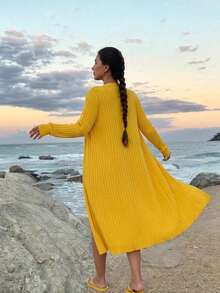 SEREN Cardigan Rajut Panjang Bergaris Kuning Leher V untuk Wanita, Pakaian Kasual Serbaguna Lengan Panjang untuk Perjalanan Musim Gugur, Baru untuk Wanita - Kuning - View 5