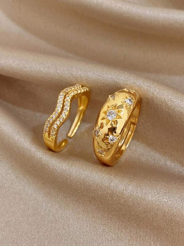 18k Gold Plated Star Rhinestone Gold Ring, Women's Ring, Jewelry Set, Personalized Ring, High Quality Luxury Jewelry, Unique Jewelry, Adjustable Ring, Gold Plated Ring, Star Ring, Suitable For Daily, Date, Party, Holiday Season, Back To School Season, Summer Jewelry, Beach Jewelry, Bohemian Jewelry, Women's Beach Accessories, Birthday Gift, Girlfriend Gift, Mother Gift