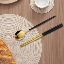 8-Piece Elegant Stainless Steel Cutlery Set, Mirror Polished - Includes 4 Spoons And 4 Pairs Of Chopsticks, Home Dining Picnic Supplies, Kitchen Utensils, Tableware Set - Durable Kitchenware, Suitable For Rice, Noodles, Porridge. | Perfect For Home, Restaurant, Wedding Use - - - View 3