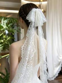 1件裝女款睫毛蕾絲蝴蝶結新娘面紗髮夾，婚禮派對禮服飾品 - 白色 - 查看 2