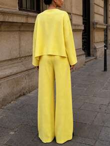 Marisole Women's Long Sleeve Front Buttoned Tie Top With Elastic Waist Straight Pants Two Pieces Set Drop Shoulder ,Elegant,Spring Summer Autumn Yellow - Yellow - View 6