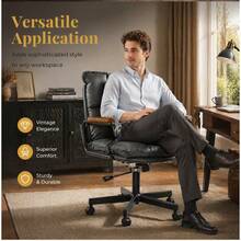 Home Office Desk Chair, Ergonomic Leather Computer Chair With Wheels And Oak Armrests, Height-Adjustable Swivel Executive Chair WL - 黑色+PU皮革 - 查看 11