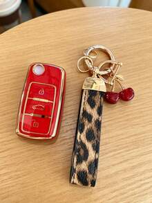 Suitable For Key Cover And Keychain, Car Key Holder Sprinter, Polo, Lavida, Golf, Smart Remote Key Protective Shell, Soft Shell Protects Your Car Key From Scratches, Car Key Decoration Cherry Pendant Leopard Print Pattern, Fashionable Key Matching - Leopard Print Cherry Wristband - View 2