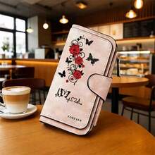Rose & Butterfly Embroidered Women's Long Wallet Pink Faux Suede Clutch Purse With Wristlet Strap Zipper Card Holder Romantic Gift, Small Wallet - Multicolor - View 9