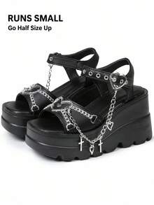 Black Summer Slope Heel Shoes Thick Bottom Women's Punk Fashion Sandals For Women Casual Slippers Comfortable Gothic Cross Chain Platform Sandals - Black - View 7