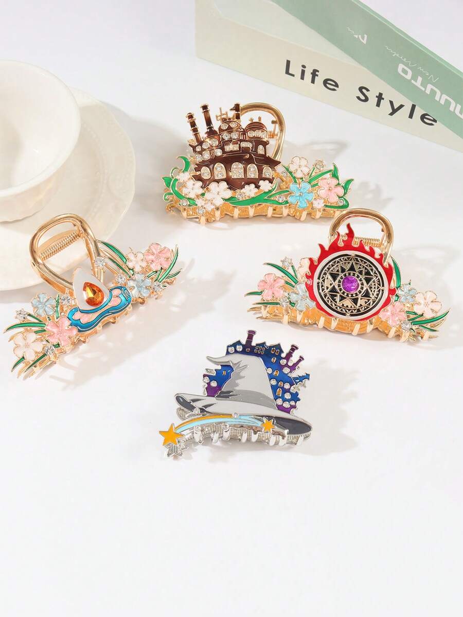 Kawaii Fantasy Magic Large Hair Claw, Floral Rhinestone Castle Wizard Hat Design Metal Hair Claw Accessories For Girls Cosplay