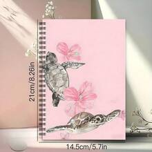1 Spiral Bound Notebook, Printed With Watercolor Turtle And Hibiscus Flower Pattern, Pink Floral Ocean Style, A5 Lined Pages; Ideal For School/Office Supplies, Also A Great Gift For Marine Life Enthusiasts. - Ocean Series - View 2