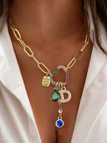 1pc Gold Letter Necklace, Luxury Heart-Shaped Lock With Lock And Green Diamond Pendant Necklace, Exquisite Holiday Party Gift For Women - Yellow Gold - View 7