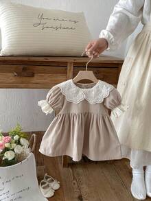 Miniweenns 1pc Baby Girl Academy Style Hollow Peter Pan Collar Puff Short Sleeve Loose Fit Dress - Khaki - View 2