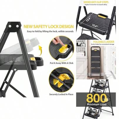 KINGRACK 4 Step Ladder, Sturdy Steel Step Stool With Anti-Slip Wide Pedals, Handrail, -Lock Design, Pass 800lbs Load Testing, Folding Portable Ladder Multi-Purpose, Home, Kitchen, Black
