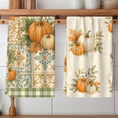 2pcs Set Autumn Pumpkin Kitchen Towels, Dish Cloths - Decorative Towels, Super Absorbent Microfiber, Machine Washable, Holiday Gifts And Cleaning Supplies Decoration, Suitable For Holiday Decor, Cooking, Baking, Housewarming Gifts And Cleaning Supplies, Suitable For Kitchen, Bathroom, Toilet, 4/6/8 Multi-Piece Combination Pack