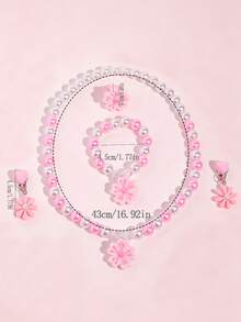 5pcs/Set Floral Faux Pearl Jewelry Necklace Bracelet Ring Clip-On Earrings For Girls Princess Party Dress-Up Gift - one-size - View 3
