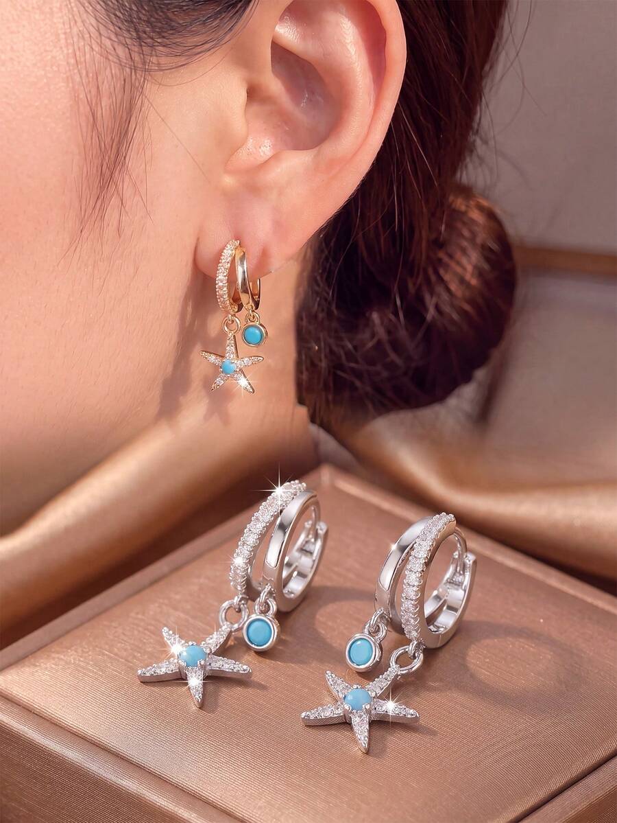 1 Pair Fresh Blue Turquoise Full Rhinestone Starfish Double Pendant Thin Hoop Earrings Suitable For Women Beach Vacation Wear