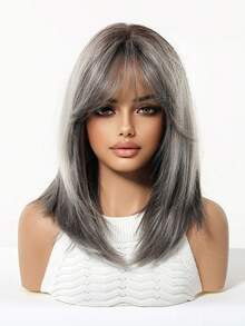Topshe Ava WIGS 18英吋黑棕色長層次瀏海假髮，柔軟易打理合成纖維髮，適合女性日常配戴、上班、度假，亦適合作為萬聖節、聖誕節女性禮物 - 灰色 - 查看 4