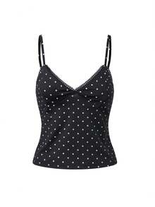 Women Polyester Polka Dot Spaghetti Strap Tank Tops Y2K Fairycore Lace Trim Corset Camisole V Neck Slim Cami Tops Cute Crop Tops Summer Going Out Top - 黑色 - 查看 4