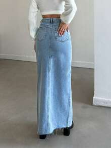 Dark Blue Long Maxi Denim Stretch Slit Slim Fit Normal Waist Women's Jeans Skirt - Baby Blue - View 2
