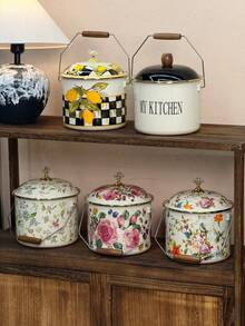Vintage Luxury Enamel Storage Bucket With Lid, Large Capacity Home Storage Jar, Classic Colorful Floral Print Design, Fine Smooth Enamel Material Moisture-Proof Stain-Resistant Easy To Clean, Equipped With Metal Handle And Wooden Grip, Convenient And Effortless To Move, Sealed Lid Design Effectively Prevents Dust And Insects, Practical Storage For Kitchen Ingredients, Snacks And Dried Goods - View 1