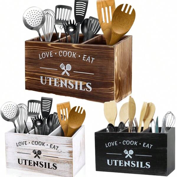 Farmhouse Wooden Utensil Holder – Extra Large Countertop Caddy With 3 Compartments For Silverware, Spatulas, Forks & Spoons – Rustic Kitchen Cooking Tool Organizer