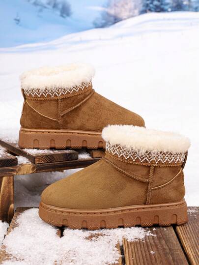 1 Pair Kids Brown Embroidered Trim Plush Lined Snow Boots, Slip-On Thick Sole Ankle Boots, Unisex Children Winter Daily Outdoor Wear
