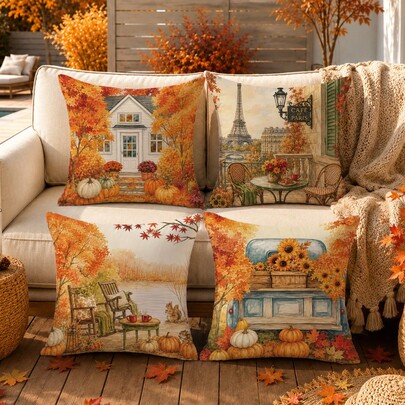 Autumn City Landscape Pumpkin Maple Leaf Cushion Cover 4pcs Set, Single-Sided Printed Peach Skin Velvet Polyester Material, 45*45CM/18*18inch Pillow Covers Suitable For Room Decoration, Modern Minimalist Sofa Living Room Decor, Gift Giving, Party Decoration