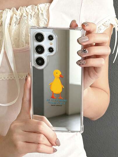 Mirror Phone Case, Compatible With Samsung Galaxy/A54/A14/A12/A13/A15/A32/A33/A24/A52S/S20/S21/S22/S23/S24/S23Plus/S24ultra/S25/A33/A23/A07/A17/S26/A56/A57 Case, Cartoon Yellow Duck Print, Funny Artist Quote Text, Reflective Mirror Back, Shockproof Clear Frame, Kawaii Teen Aesthetic Phone Cover, Cute Daily Protective Case