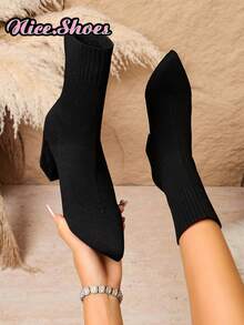 2026 New Elegant Fashion Chunky Heel Pointed Toe Boots, Elastic Slim Sock Boots, High Heel Ankle Boots For Spring, Autumn, Winter, All Seasons - Black - View 11