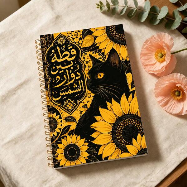1pc Black Cat Theme Notebook, Black Yellow And Gold Color Scheme, Vintage Sunflower Illustration Design, Black Cat Arabic Calligraphy And Gold Coil Pattern Elements, High Quality Paper, Suitable For Office, Study, Meeting Notes, Daily Planning And Gift Giving, Office And Study People, Office And Study Supplies > Notebooks And Writing Pads > Planner/Notebook