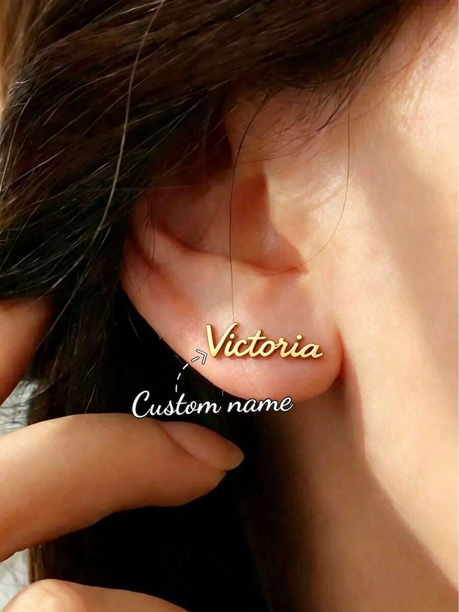 Customized Stainless Steel 3D Nameplate Earrings, Double-Layer Welded Name Earrings, Elegant Jewelry Gift For Girlfriend, Suitable For Birthday, Mother's Day, Christmas Gifts For Family - Gold Stud Earrings - Single Layer 1 - View 1