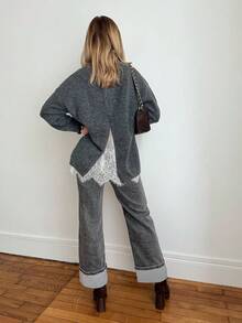 Sweater Kasual Wanita Kerah Renda dengan Warna Polos dan Benang Bercorak untuk Musim Gugur - Grey - View 4