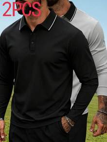 2pcs/Pack Men's Long Sleeve Polo Shirts, Outdoor Sports Casual Tops - Multicolor - View 3
