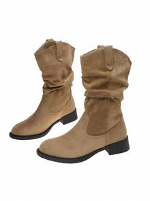 Beter26 Autumn/Winter Suede Pleated Slouch Boots Low Chunky Heel Casual Daily Wear Black Slouch Boots Khaki Slouch Boots - Khaki - View 3