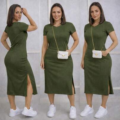 Vestido Midi, bolso e fenda lateral