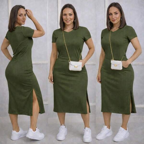 Vestido Midi, bolso e fenda lateral