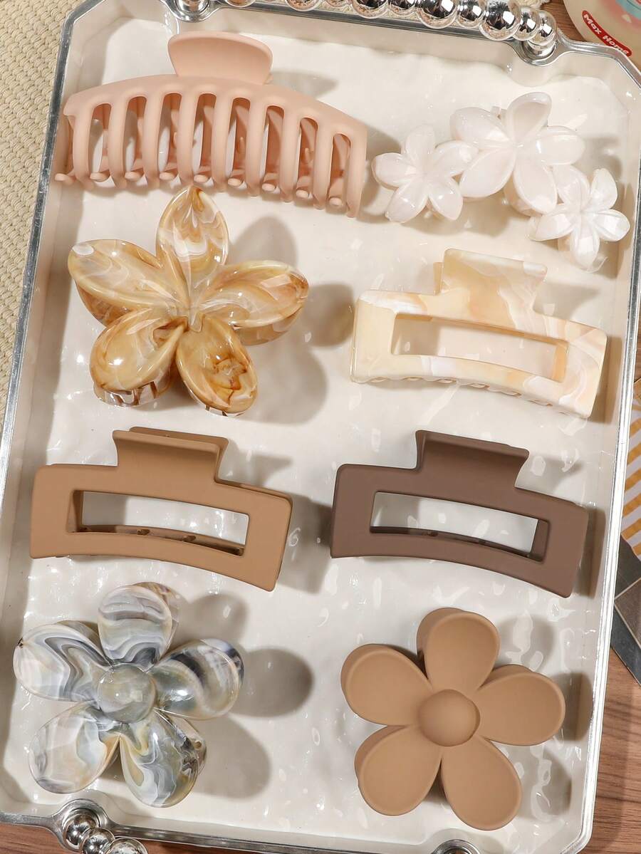 8件組波希米亞風咖啡色花卉方型骨質大理石紋路雞蛋花髮夾套組，海灘海濱韓系茶會舞會休閒髮飾
