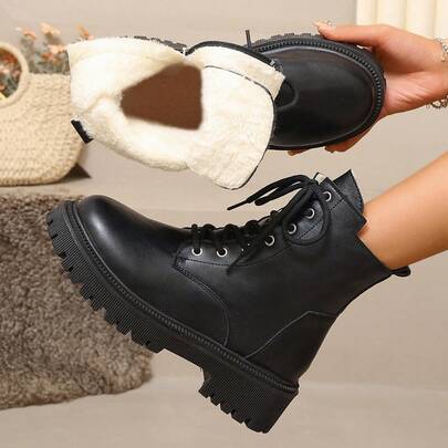 2026 Autumn/Winter Warm Boots For Women, British Style Thick Sole Lace-Up Short Leather Boots
