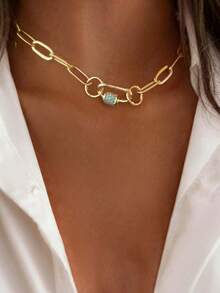 1pc Gold Letter Necklace, Luxury Heart-Shaped Lock With Lock And Green Diamond Pendant Necklace, Exquisite Holiday Party Gift For Women - Yellow Gold - View 11