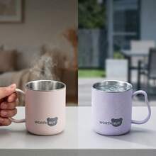 304不鏽鋼平底咖啡杯，耐摔雙層杯，附手柄塑膠杯，可重複使用牛奶茶杯，適合學生、學校、辦公室 - 彩色 - 查看 4