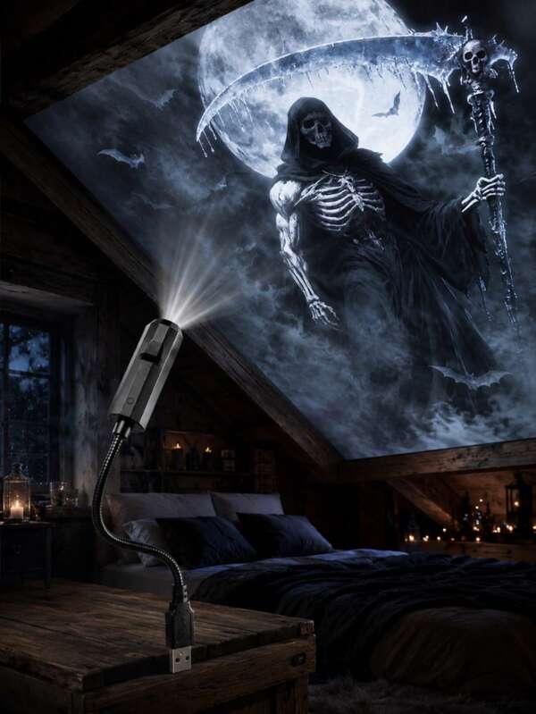 White Moon Grim Reaper, Zombie & Skull Figure Light, USB Plug-In Lamp For Halloween Decor