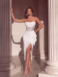 ADYCE Elegant Strapless Ruched Mesh Patchwork Boned High Waist Slit Backless Lace-Up Midi Ball Gown - White - View 1