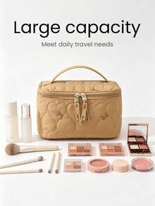 Large-Capacity Cosmetic Bag,Multi-Compartment,Lightweight Quilted Makeup Bag Organized For Toiletries,Cosmetics,Makeup Brushes,Skincare,Medication,Etc,Bow Embroidery Sweet Style Multifunctional Storage Bag For Gift,For Home,Travel,Vacation,School Use - Multicolor - View 4