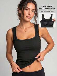 1 Stück Damen geripptes Tanktop, quadratischer Ausschnitt, breite Träger, 2-in-1 mit integriertem Brustpolster, figurbetonigte Unterwäsche/Oberbekleidung, lässige Hauskleidung, schwarze Basisschicht, ganzjährig - Schwarz - Übersicht 1
