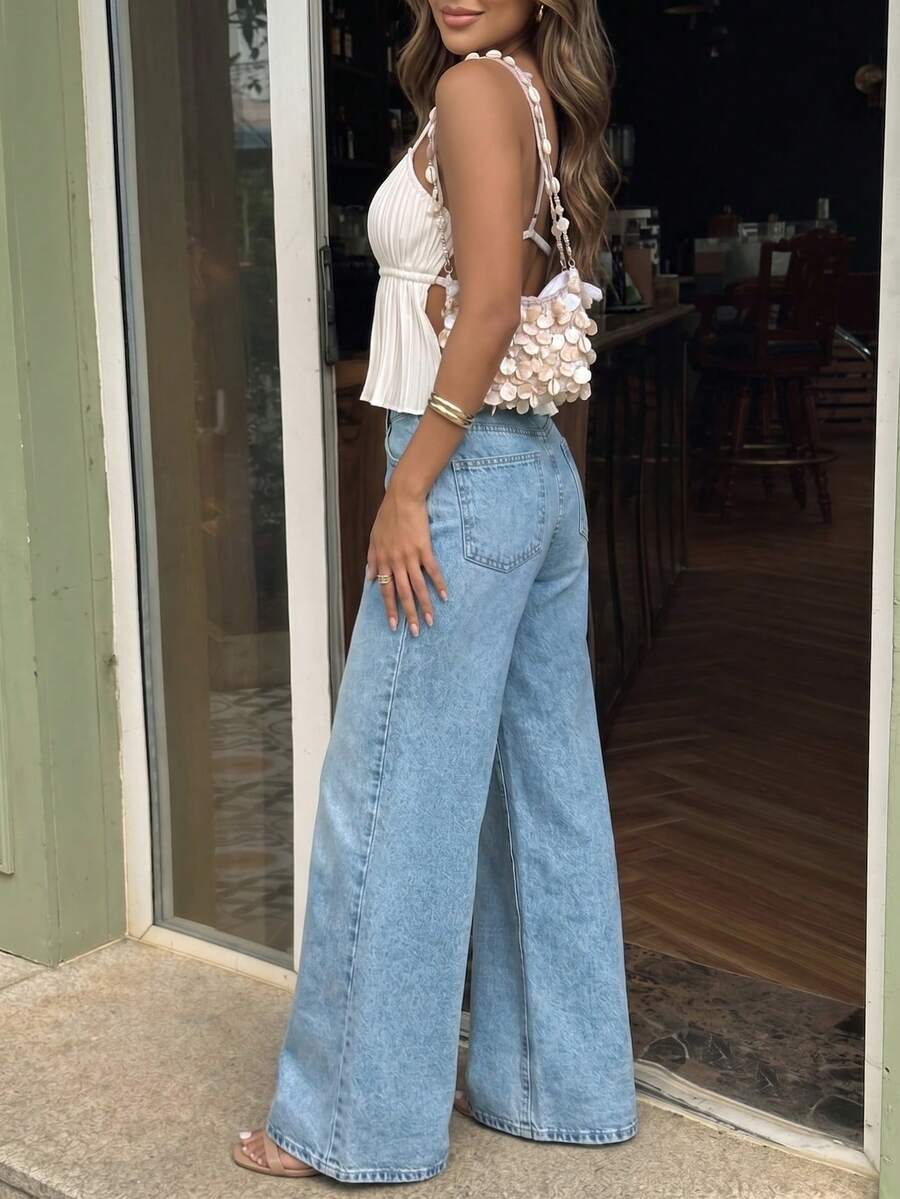 Women's Casual Light Blue Wide Leg Jeans, Button & Zipper Design, Solid Color Non-Stretch Minimalist Long Pants, New Autumn Outfit