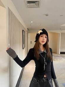 Women's Early Spring Striped Patchwork Slim Fit Cardigan Top, Collared Long Sleeve T-Shirt - Black - View 5