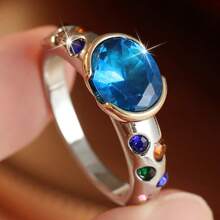 Vintage Oval Blue Cubic Zirconia Jewelry, Suitable For Women's Daily, Banquet, Date And Party Wear - Silver - View 2