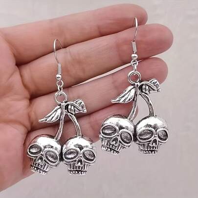 Aretes de Calavera y Cereza Color Plateado, Pendientes Colgantes Vintage Estilo Gótico Boho para Mujer