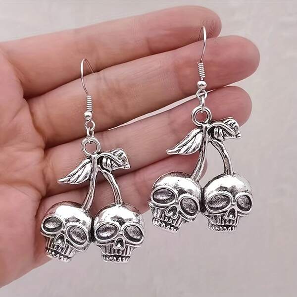 Aretes de Calavera y Cereza Color Plateado, Pendientes Colgantes Vintage Estilo Gótico Boho para Mujer